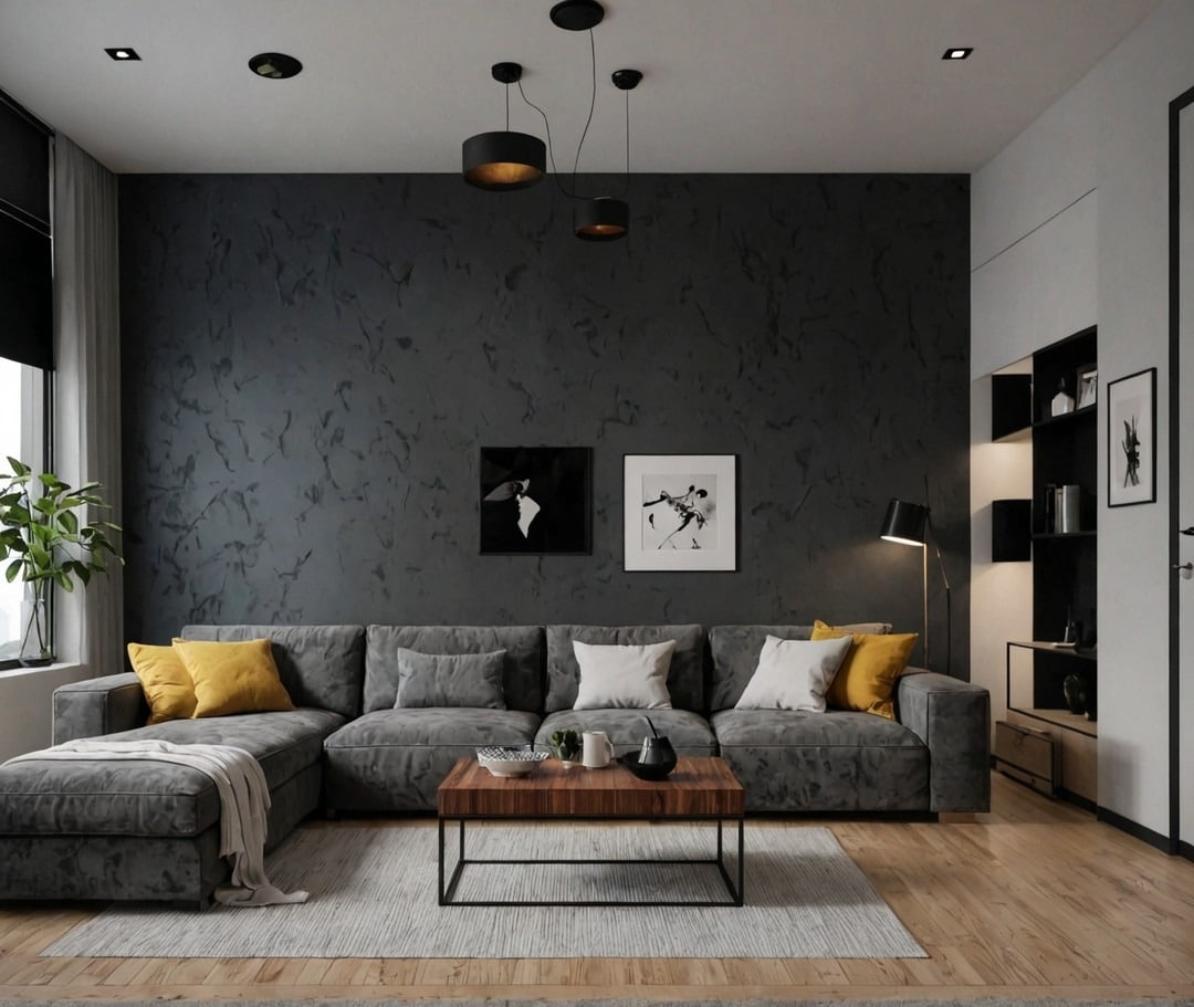 18. Modern Concrete Grey Living Room with Accent Cushions - dark grey living room ideas