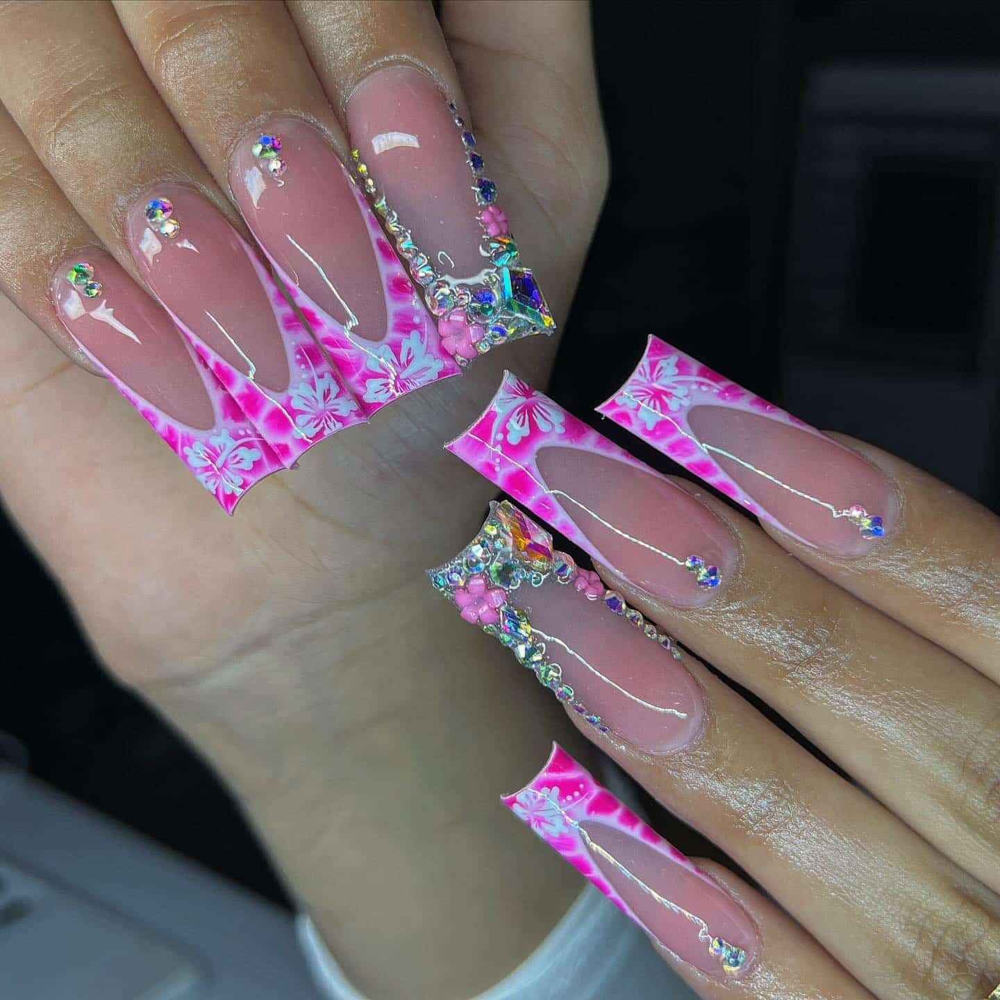2. Pink Floral French Sculpted Tips - pink summer nail ideas