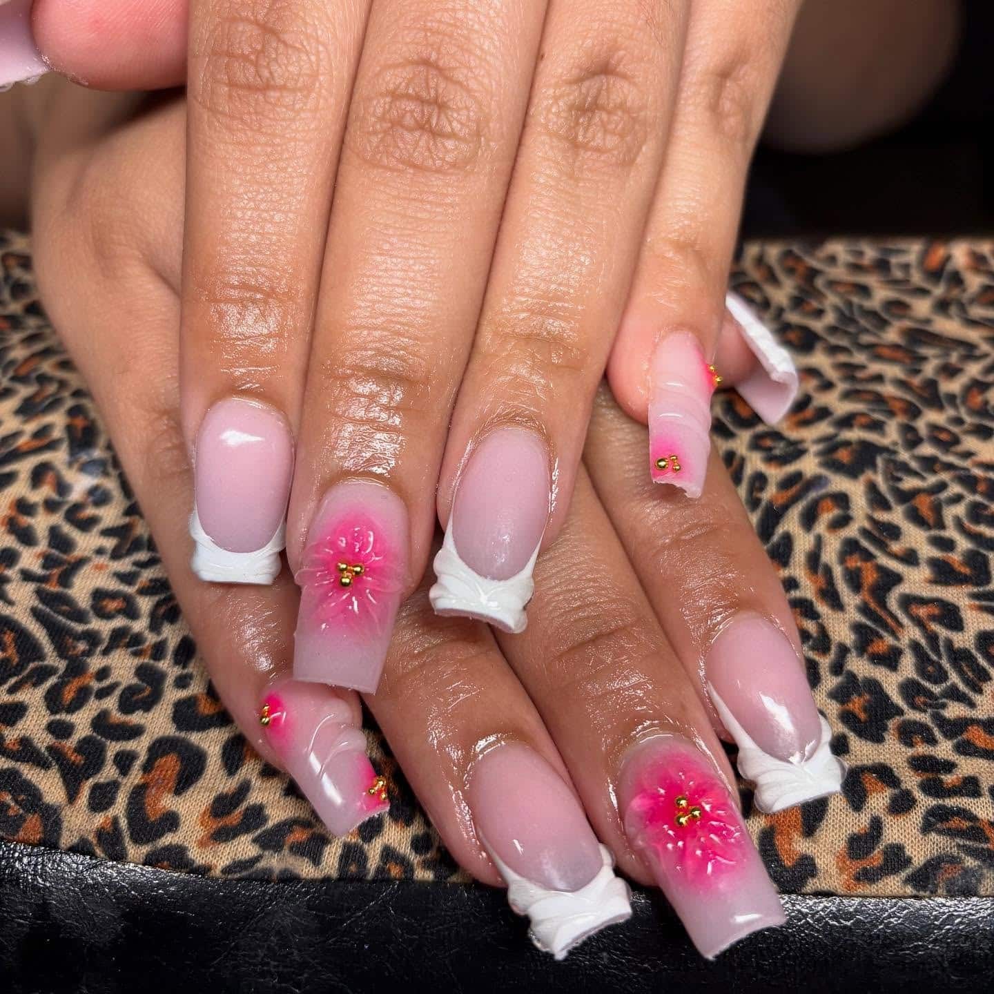 3. Milky Pink 3D Floral Square Nails - pink summer nail ideas