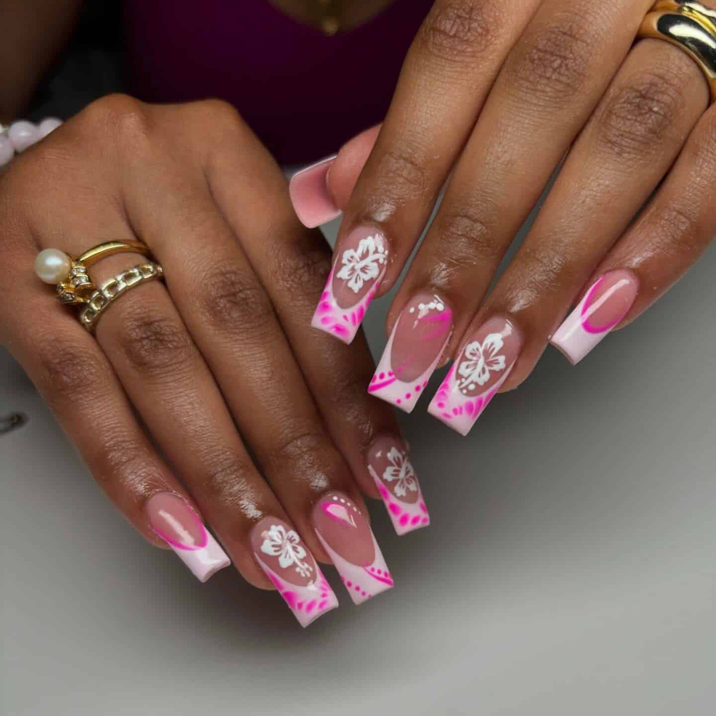 5. Pink Hibiscus Square French Design - pink summer nail ideas