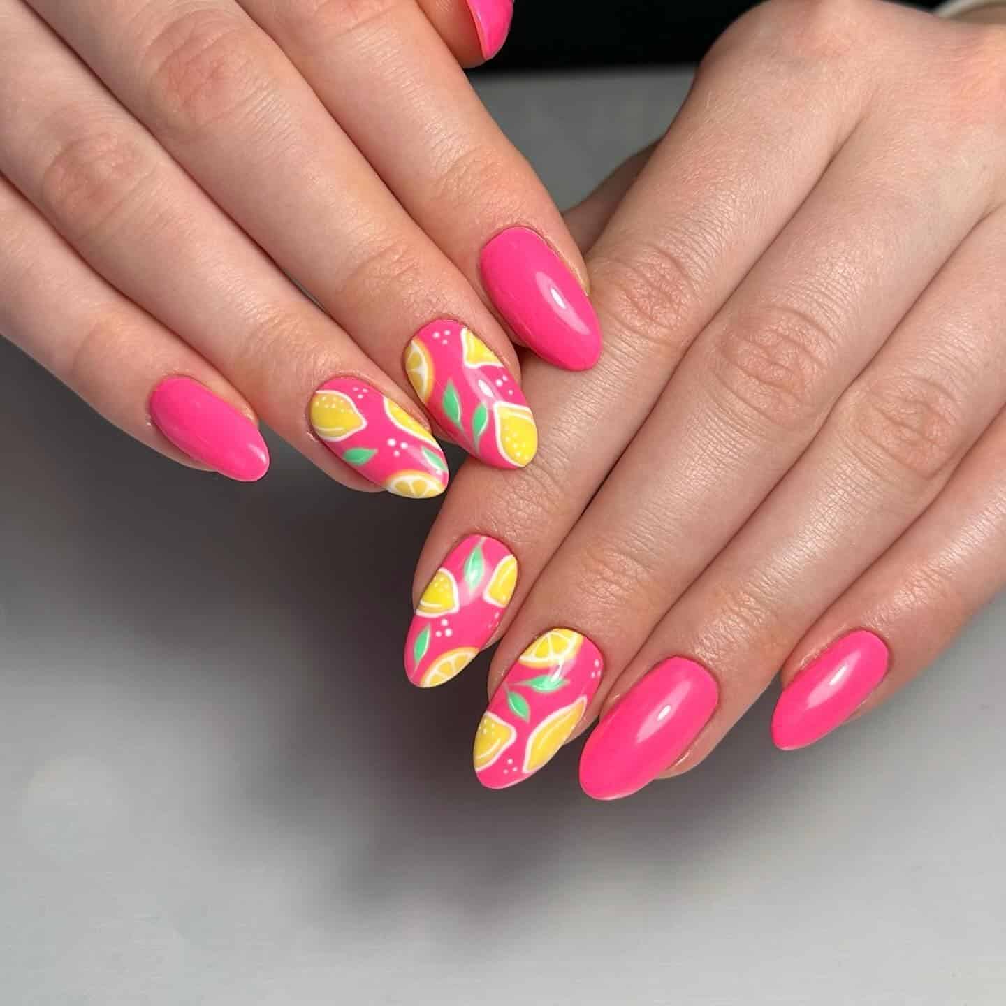 6. Pink Citrus Almond Nail Art - pink summer nail ideas