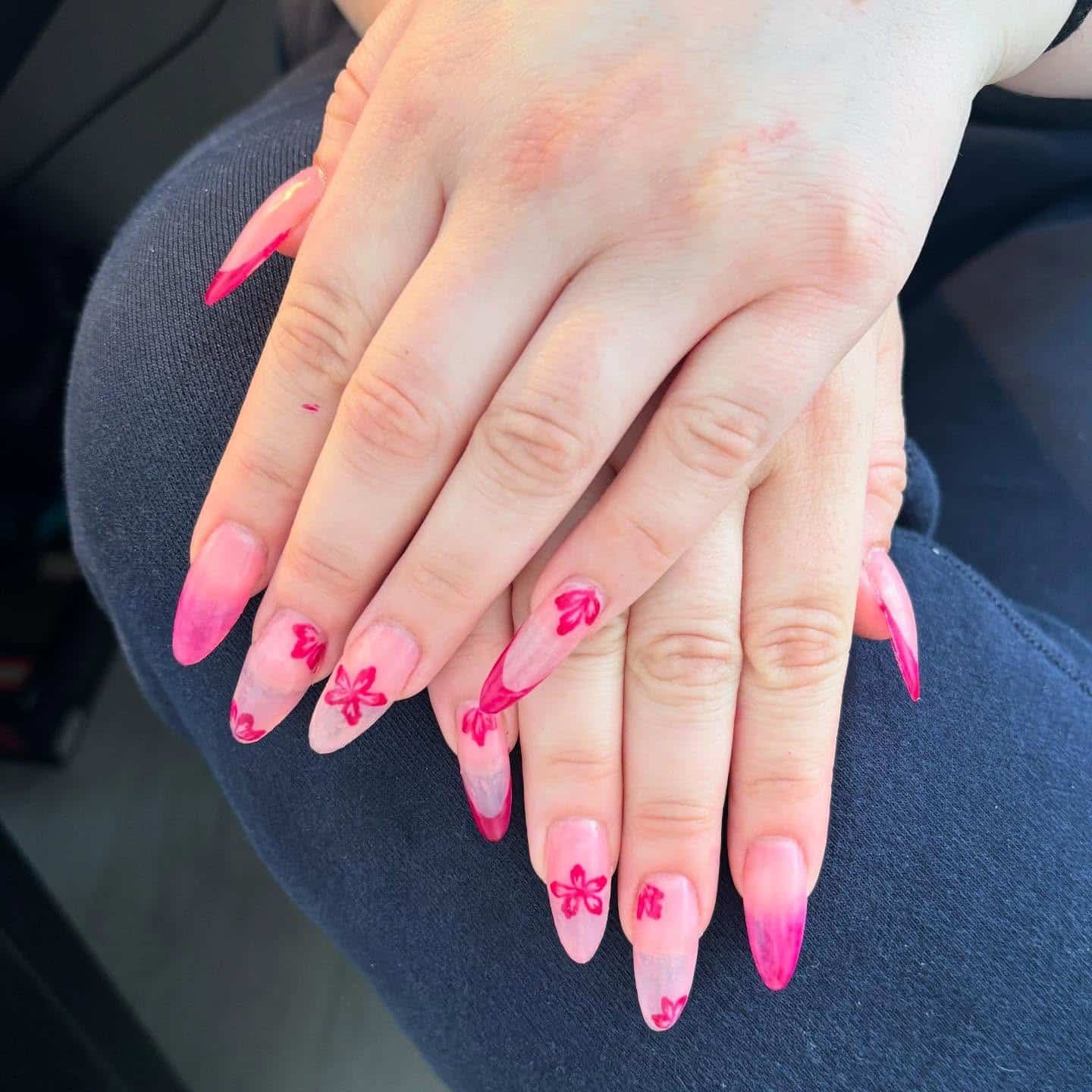 8. Pink Watercolor Floral Stiletto Nails - pink summer nail ideas