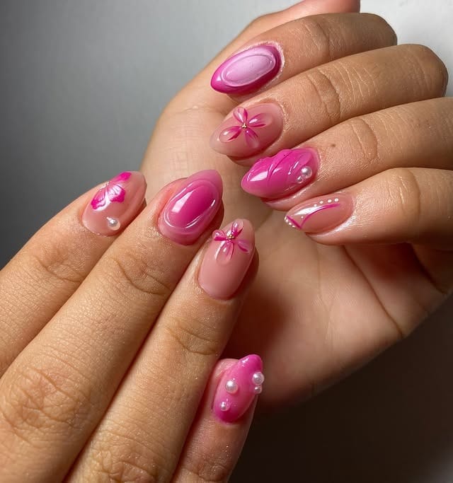 9. Glossy Pink Petal Accent Nails - pink summer nail ideas