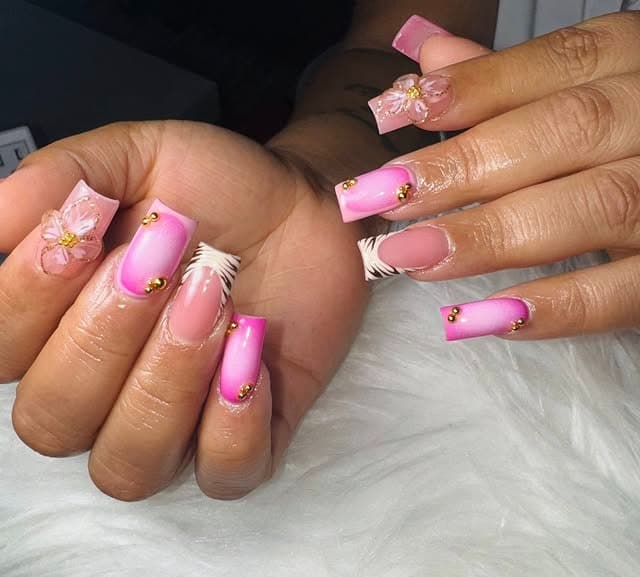 10. Pink Square Nails with Floral Charms - pink summer nail ideas