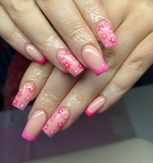 13. Pink Floral Confetti French Tips - pink summer nail ideas
