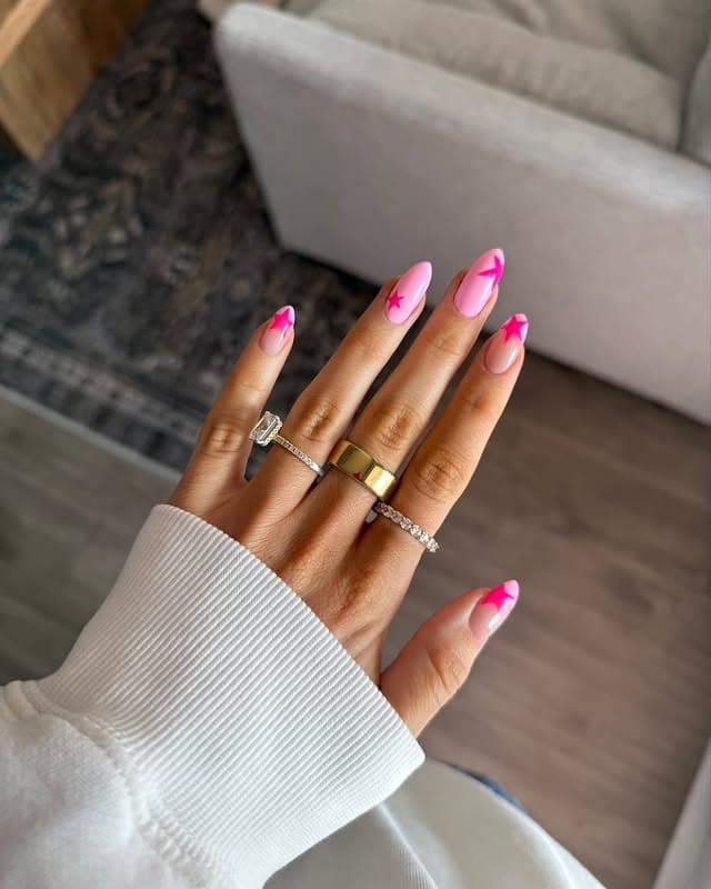 20. Pink Star Accent Almond Nails - pink summer nail ideas