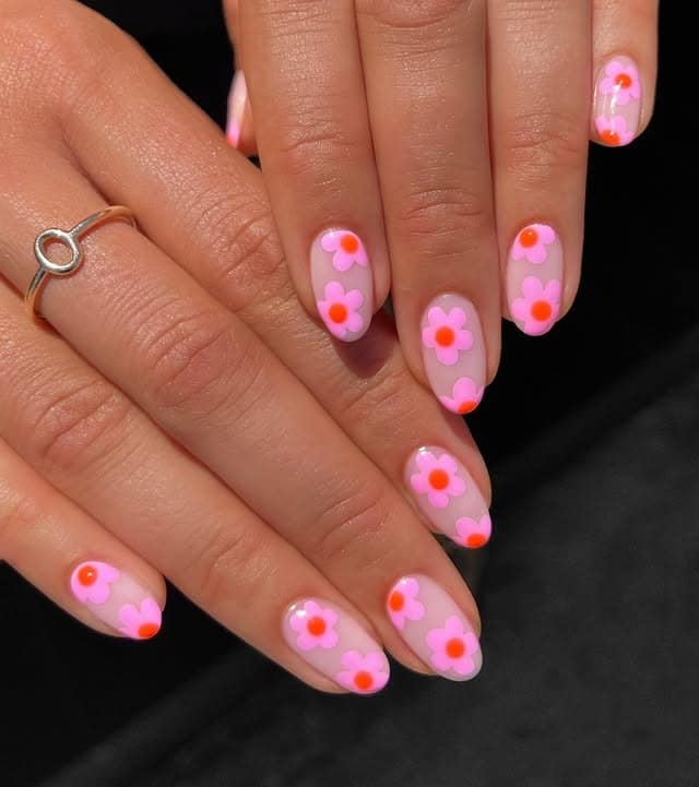 21. Pink Daisy Almond Nail Design - pink summer nail ideas