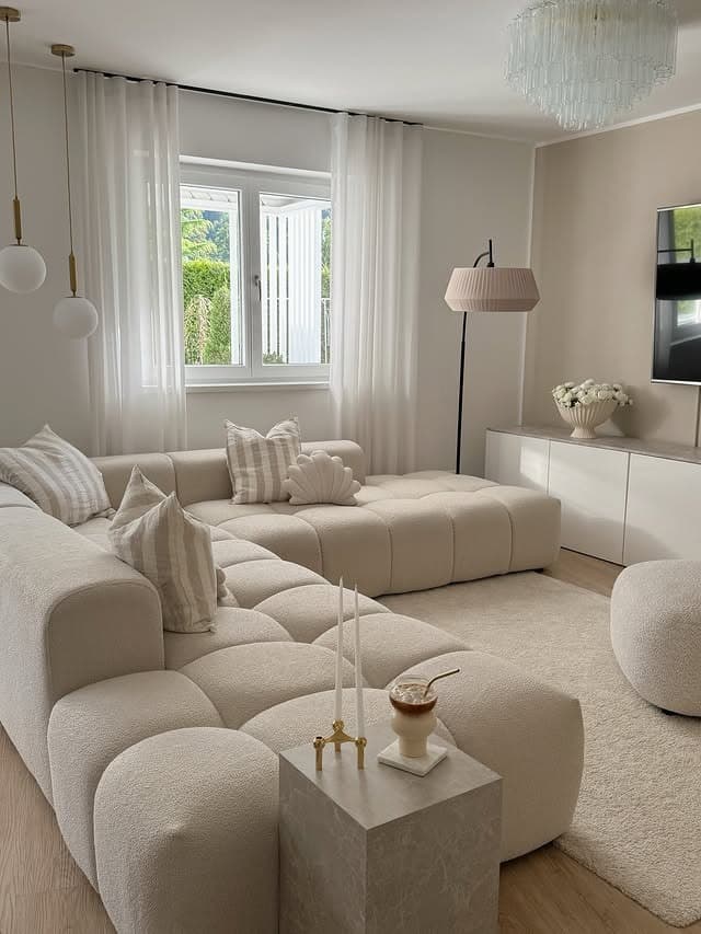 8. Soft Modern Living Room in Creamy Neutrals - beige couch living room ideas