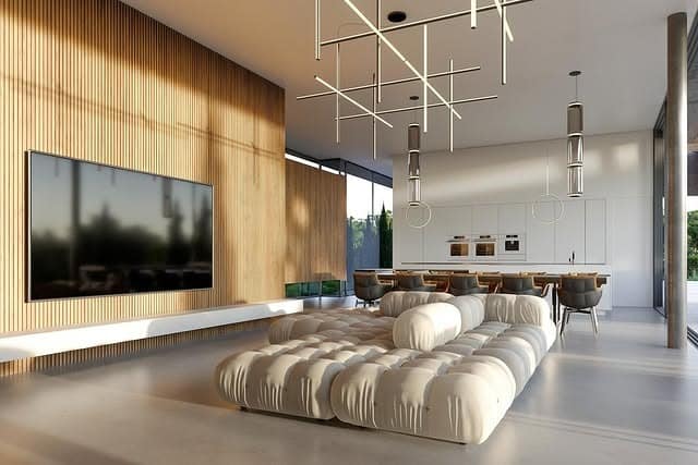 12. Architectural Open-Plan Living Room with Beige Seating - beige couch living room ideas
