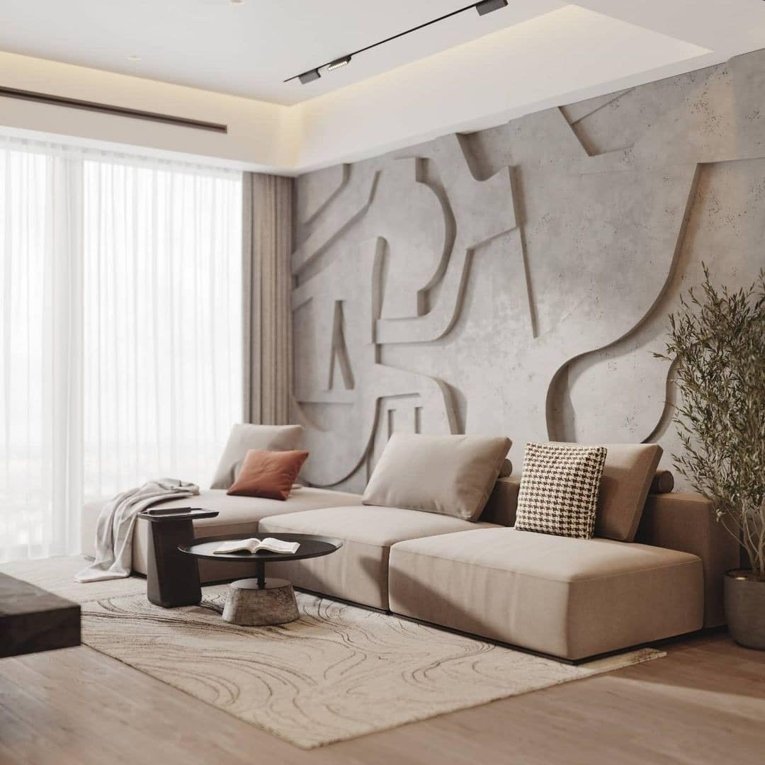 15. Modern Beige Sectional with Textured Feature Wall - beige couch living room ideas