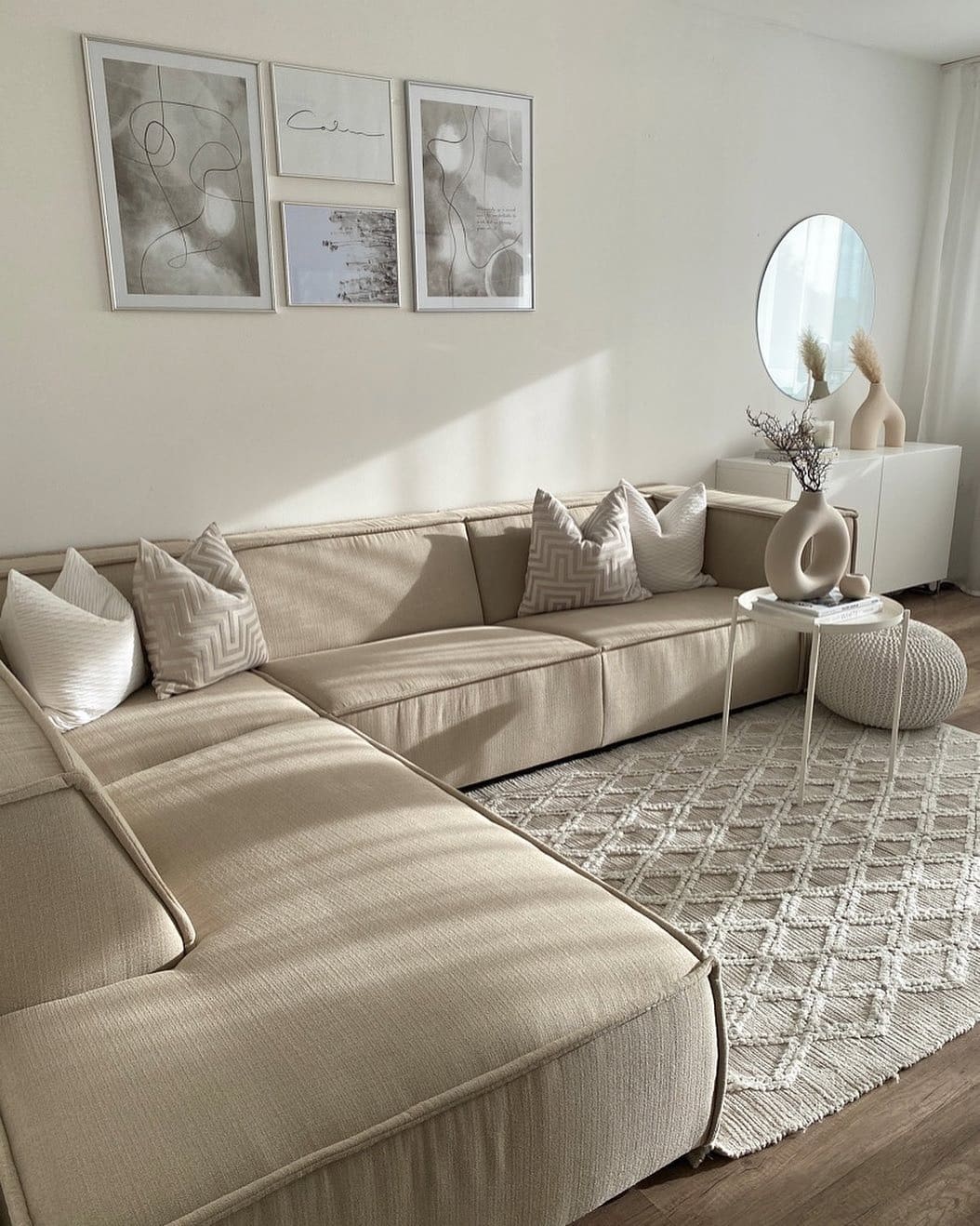 18. Sunlit Beige Living Room with Layered Textures - beige couch living room ideas