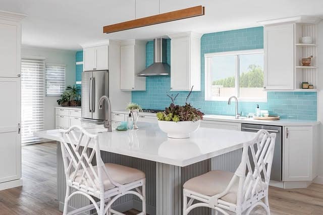 1. Coastal Fresh White Kitchen with Aqua Blue Tile - blue backsplash kitchen ideas