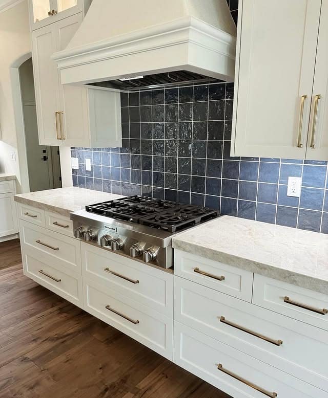 5. Transitional Kitchen with Slate Blue Square Tile - blue backsplash kitchen ideas