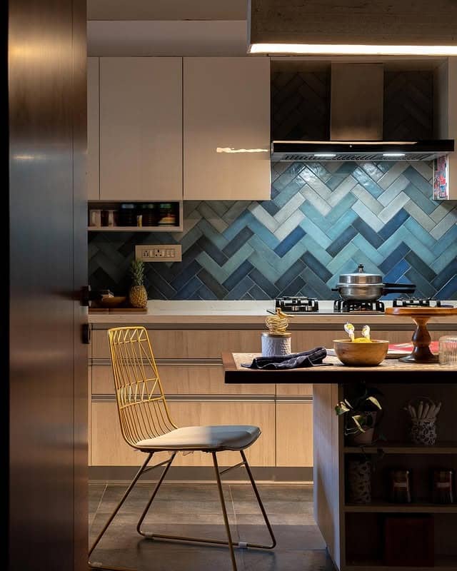 7. Contemporary Wood and Blue Chevron Backsplash Kitchen - blue backsplash kitchen ideas