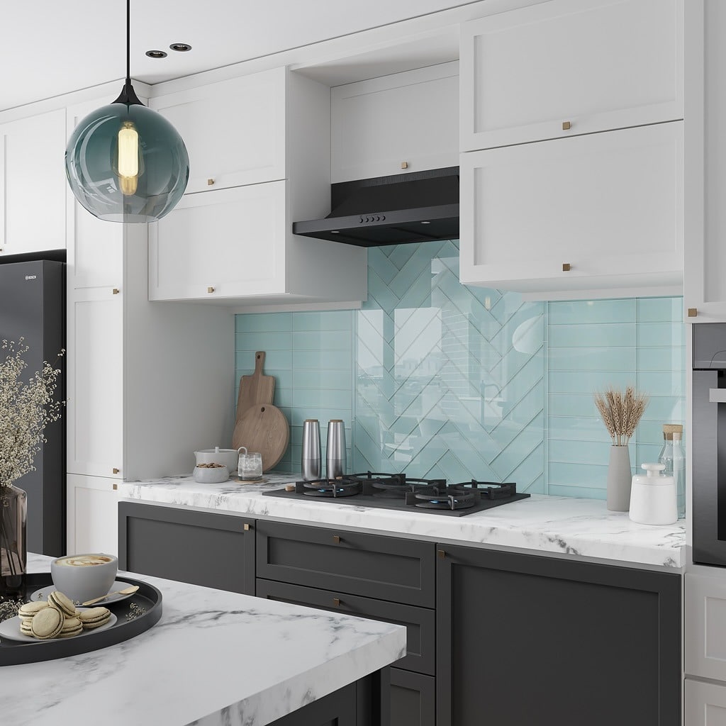 17. Modern Two-Tone Kitchen with Light Blue Chevron Tile - blue backsplash kitchen ideas