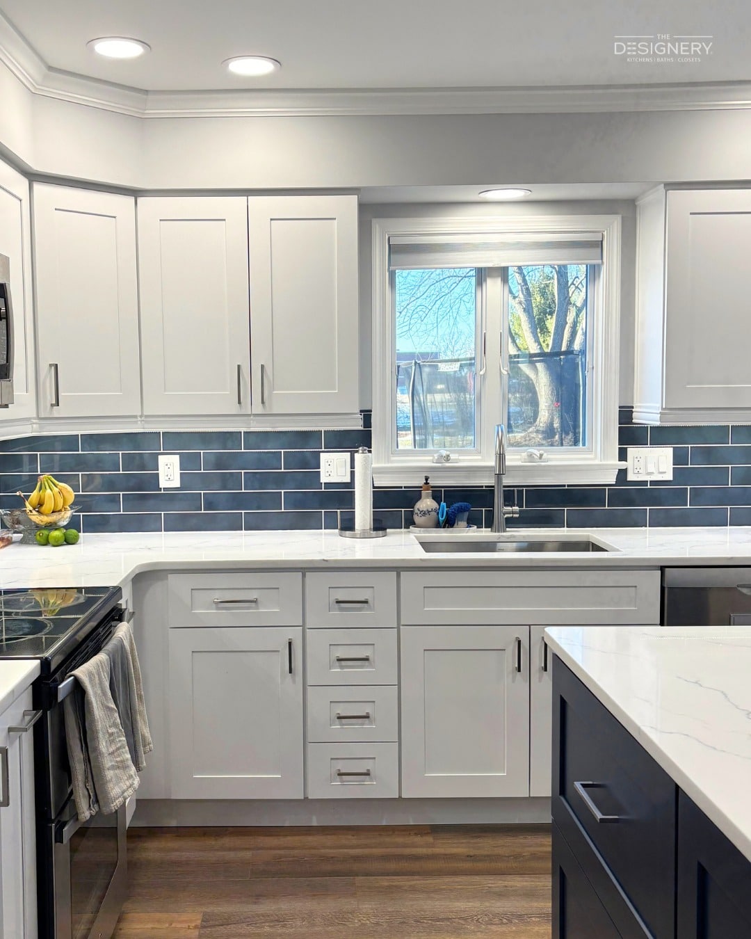 19. Transitional Kitchen with Denim Blue Subway Backsplash - blue backsplash kitchen ideas