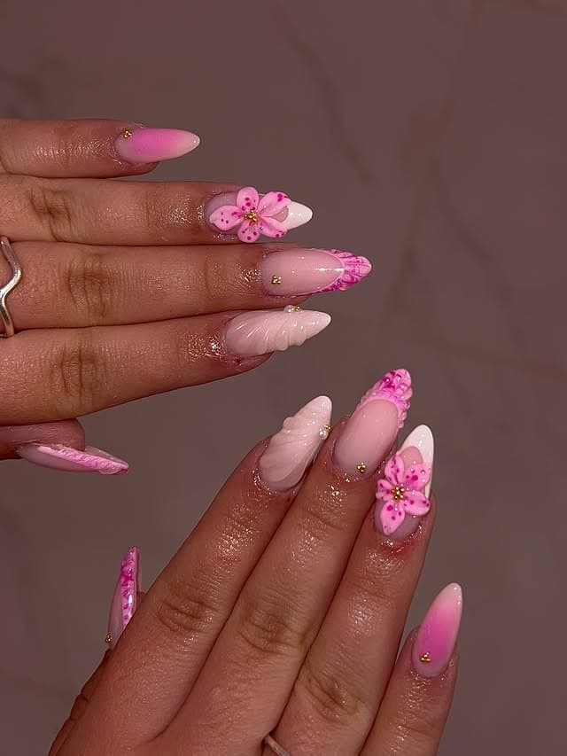 1. Pink Blossom Sculpted Almond Nails - pretty pink nail ideas