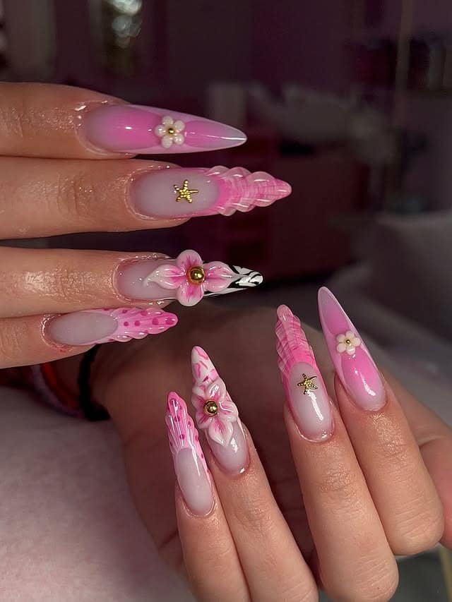 4. Soft Pink Fantasy Almond Nails with Charms - pretty pink nail ideas