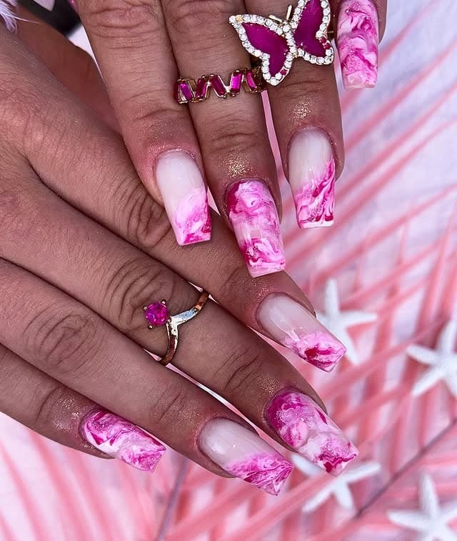 5. Pink Marble Square Nails - pretty pink nail ideas