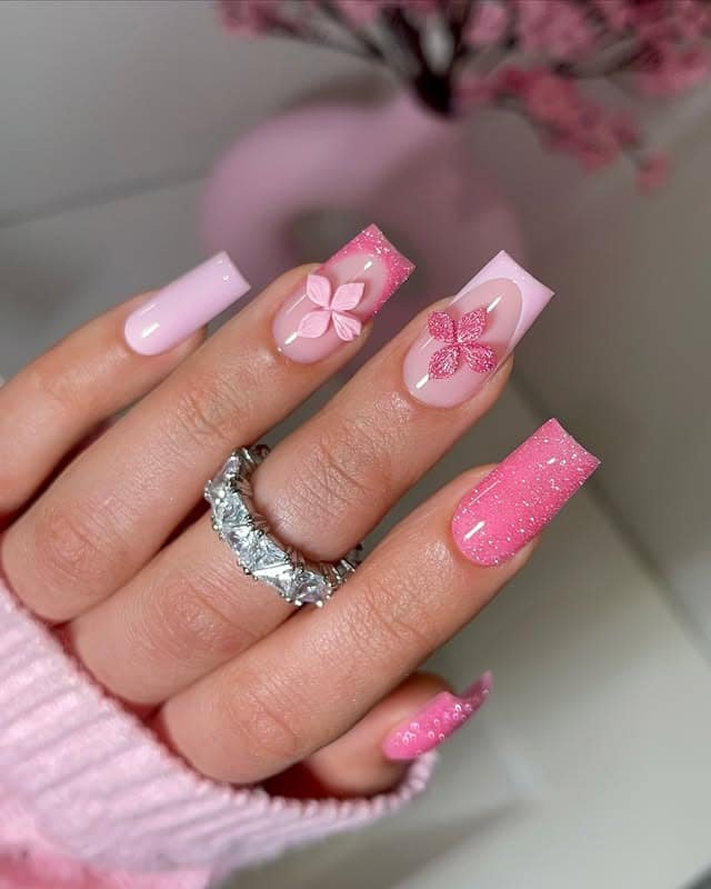 7. Glitter Pink Floral Square Nails - pretty pink nail ideas