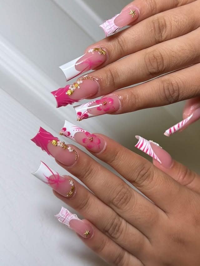 11. Pink French Sculpted Square Nails with Gold Details - pretty pink nail ideas
