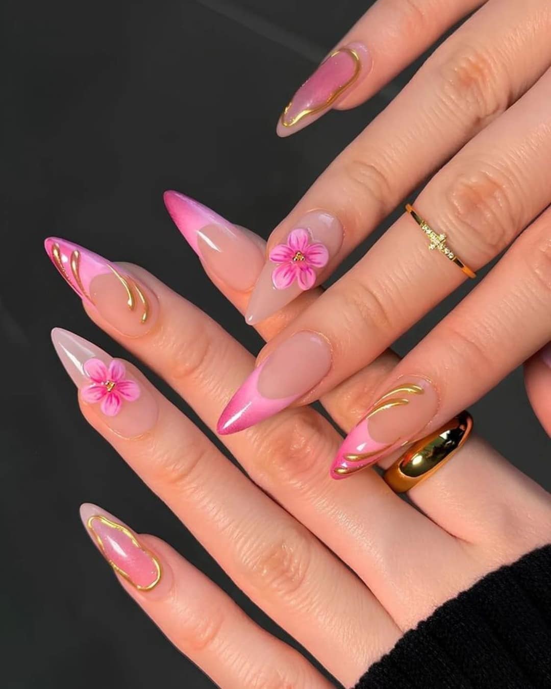 12. Pink Ombré Almond Nails with Gold Line Art and Florals - pretty pink nail ideas