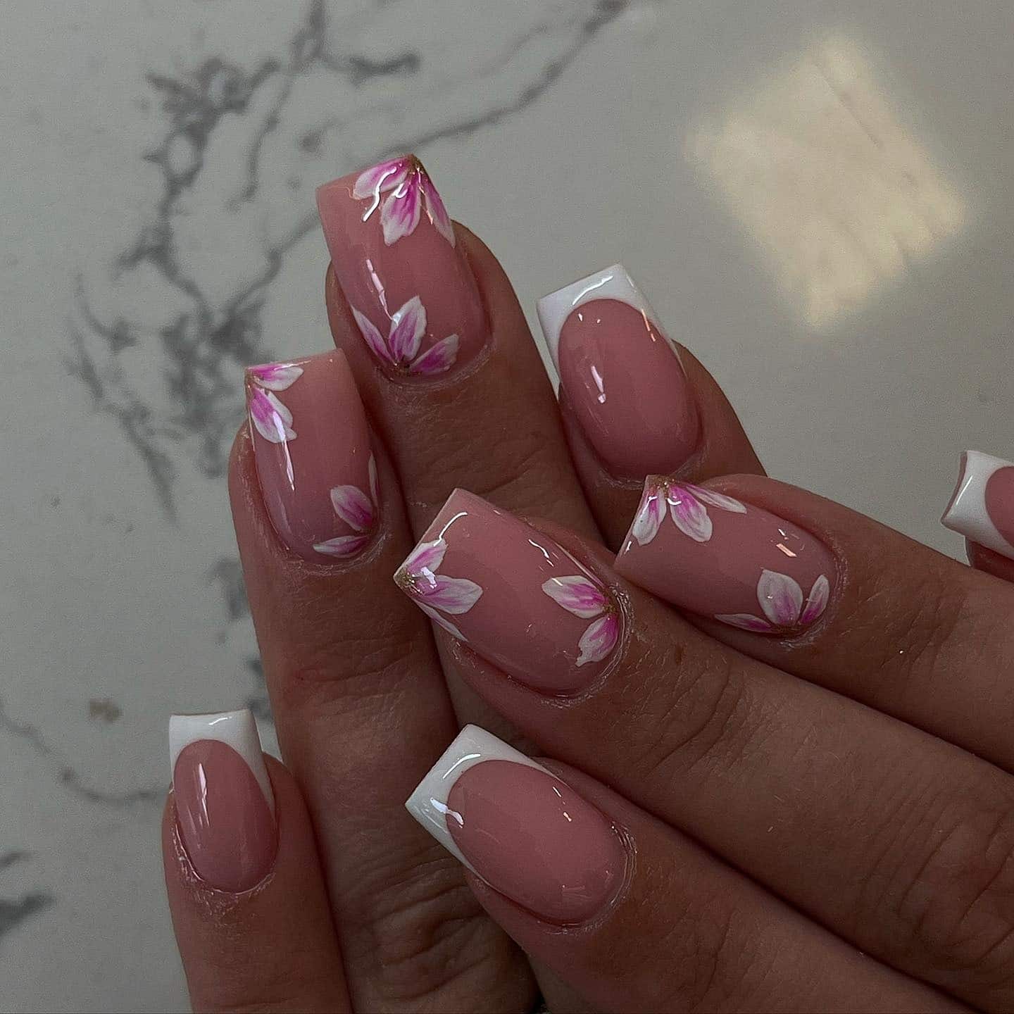 14. Pink Square Nails with Hand-Painted Floral French Tips - pretty pink nail ideas