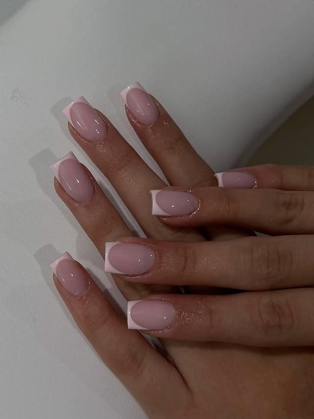 18. Classic Light Pink Square French Nails - pretty pink nail ideas