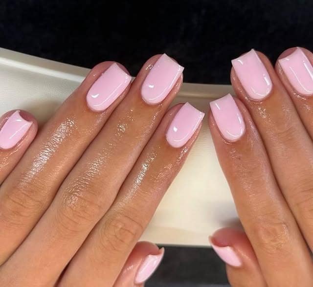 21. Glossy Soft Pink Short Square Nails - pretty pink nail ideas