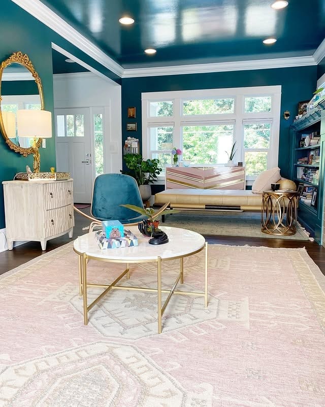 1. Polished Teal and Soft Gray Glam Living Room - gray and teal living room ideas