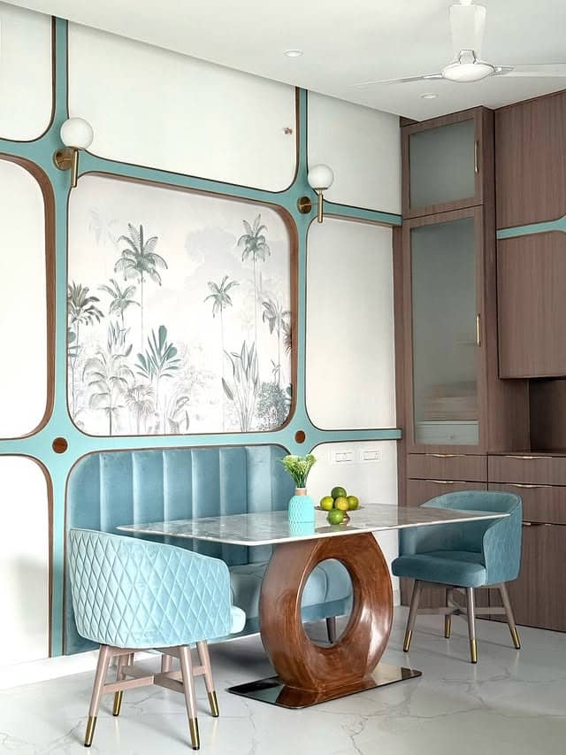 5. Modern Teal Dining Nook with Warm Wood Accents - gray and teal living room ideas