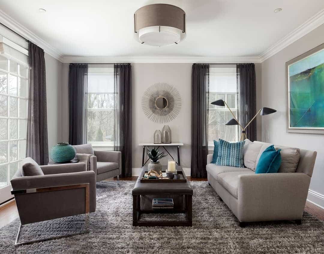 8. Balanced Gray Living Room with Teal Accent Decor - gray and teal living room ideas
