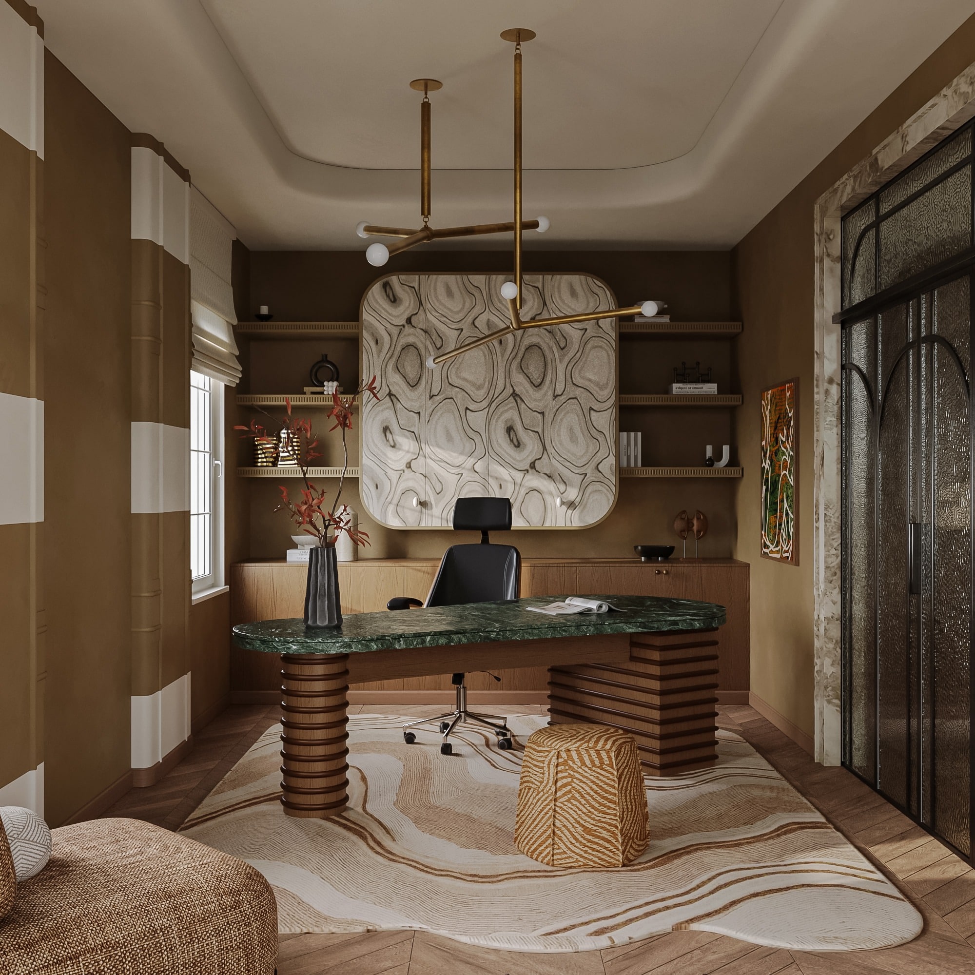 2. Sculptural Executive Office in Olive, Walnut, and Brass - old money office ideas