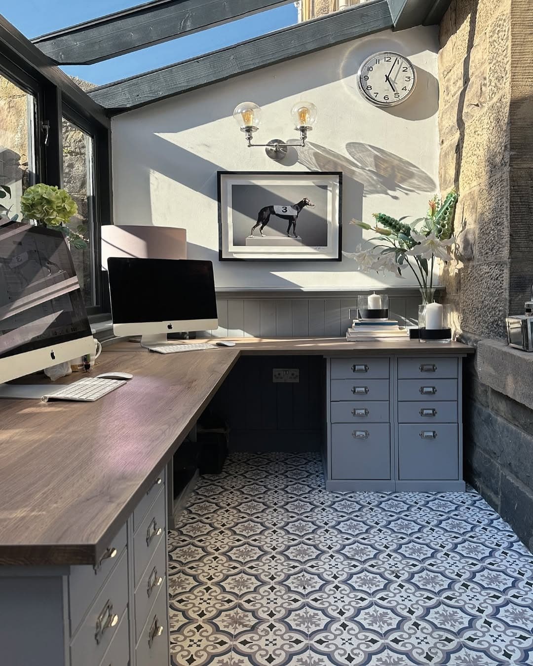 3. Sunlit Garden Office in Soft Gray and Stone - old money office ideas