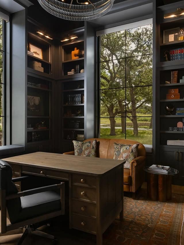 4. Library-Inspired Office in Charcoal, Leather, and Warm Wood - old money office ideas