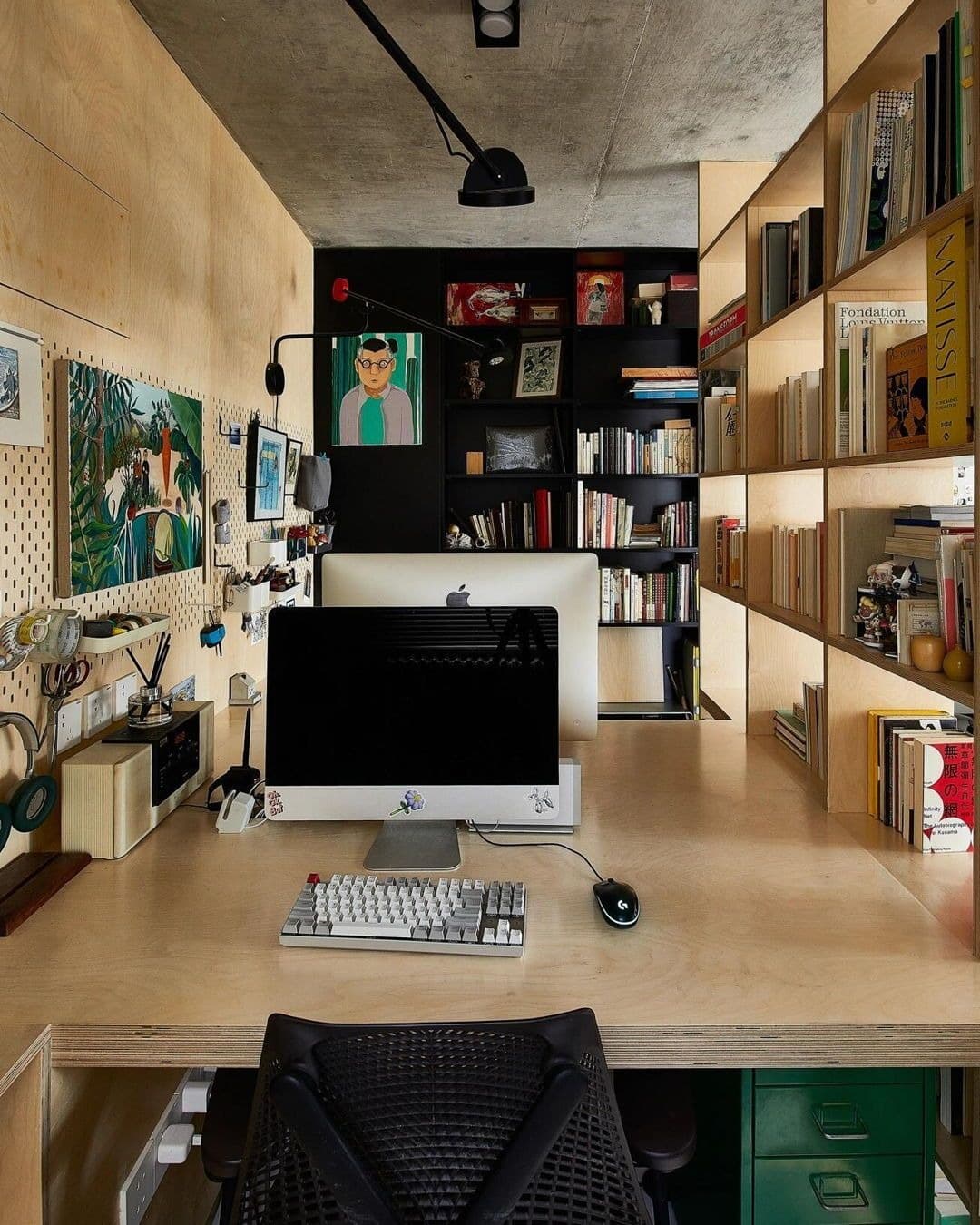 7. Creative Study in Natural Birch and Black Accents - old money office ideas