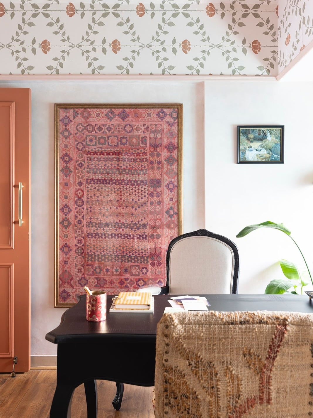 13. Patterned Study in Blush, Black, and Antique Gold - old money office ideas