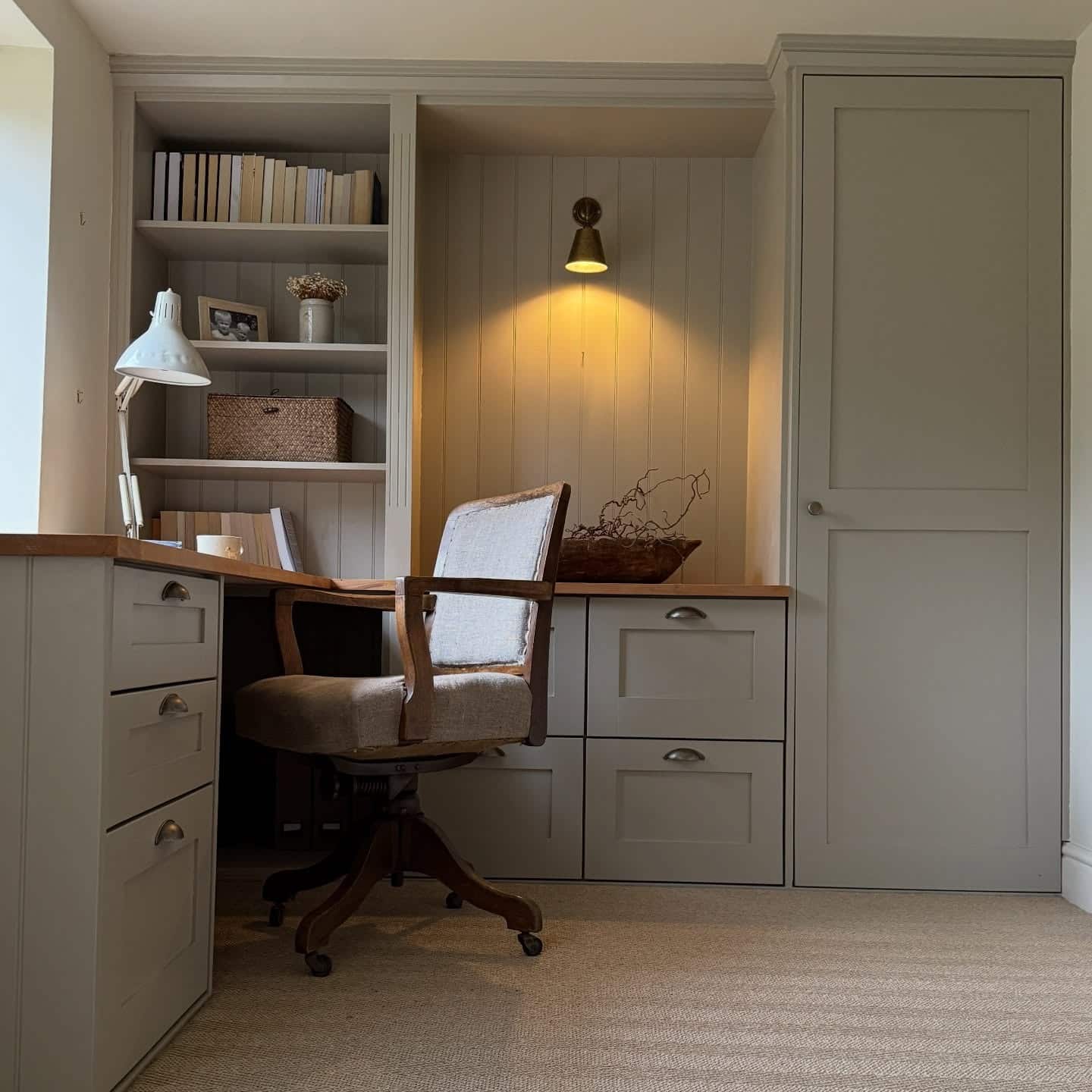 14. Tailored Built-In Office in Stone Gray and Linen - old money office ideas