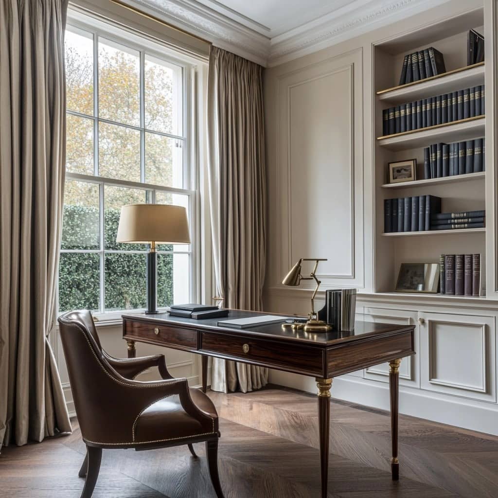 15. Formal Library Office in Cream, Espresso, and Brass - old money office ideas