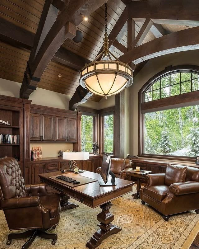 16. Lodge-Style Executive Office in Walnut and Saddle Brown - old money office ideas
