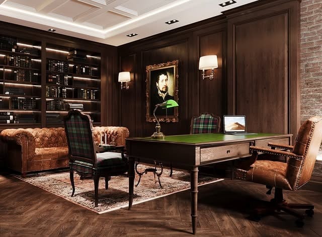 20. Gentleman’s Study in Dark Wood, Plaid, and Forest Green - old money office ideas