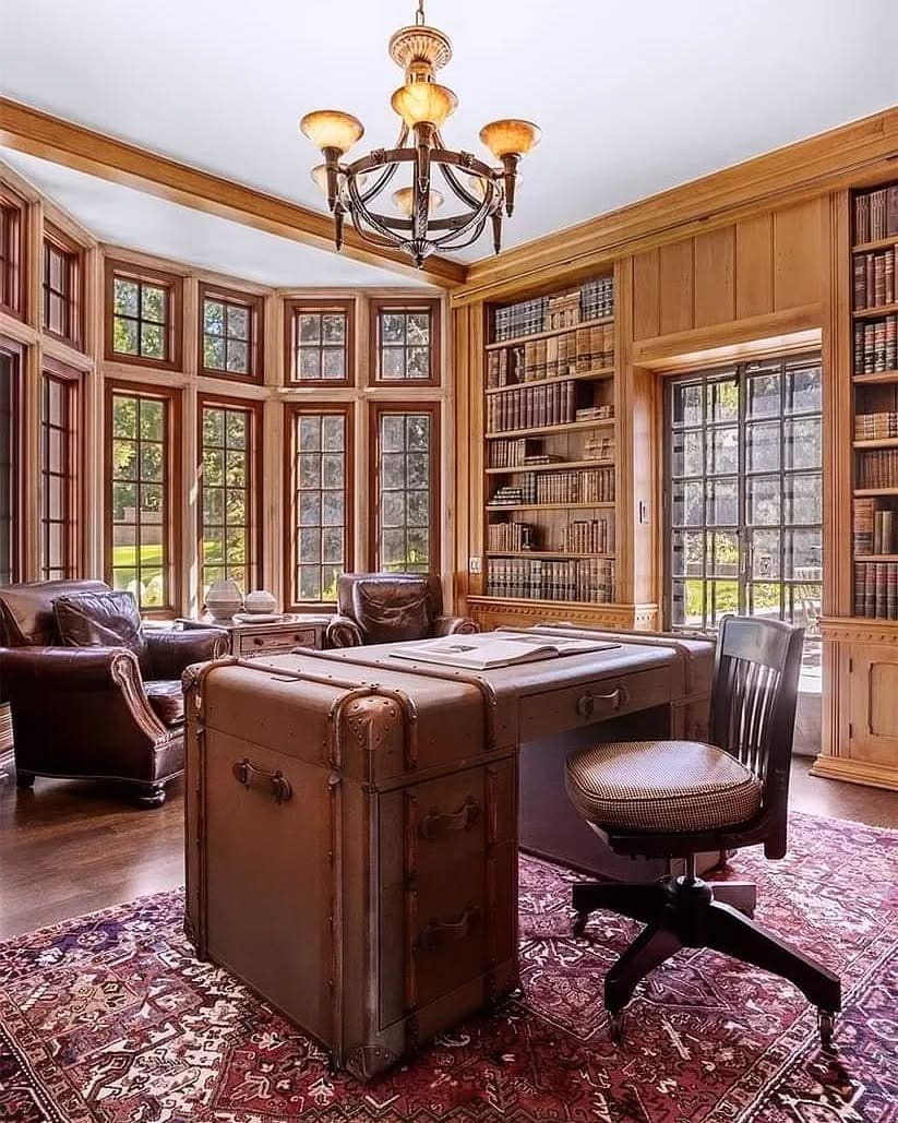 22. Library Estate Office in Honey Oak and Saddle Brown - old money office ideas