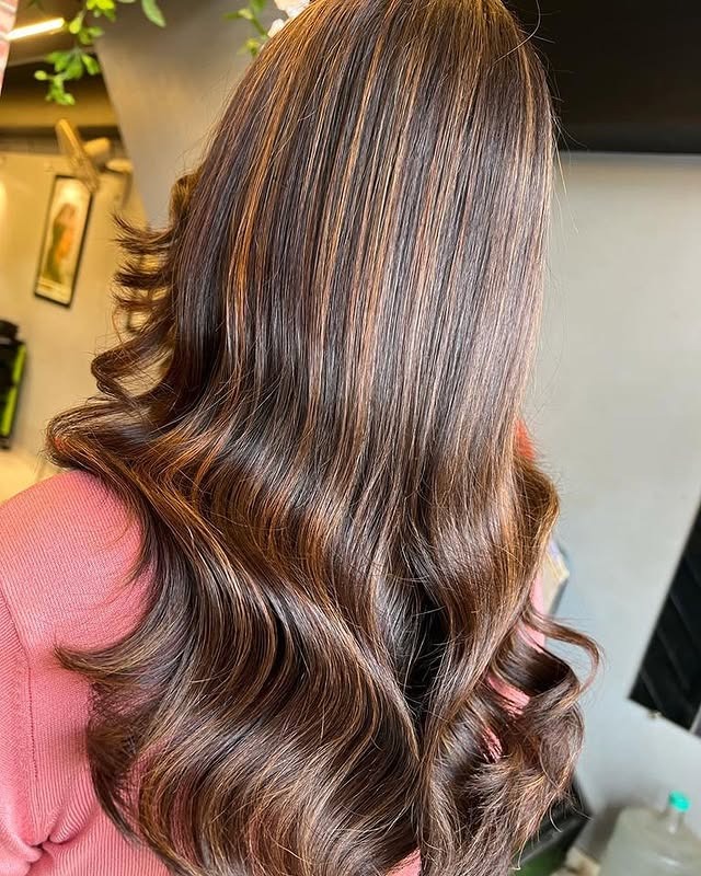 6. Espresso Brown with Warm Caramel Ribbons - Highlights Hair Color