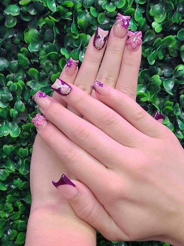 2. Deep Plum French Floral Tips - purple flower nail ideas