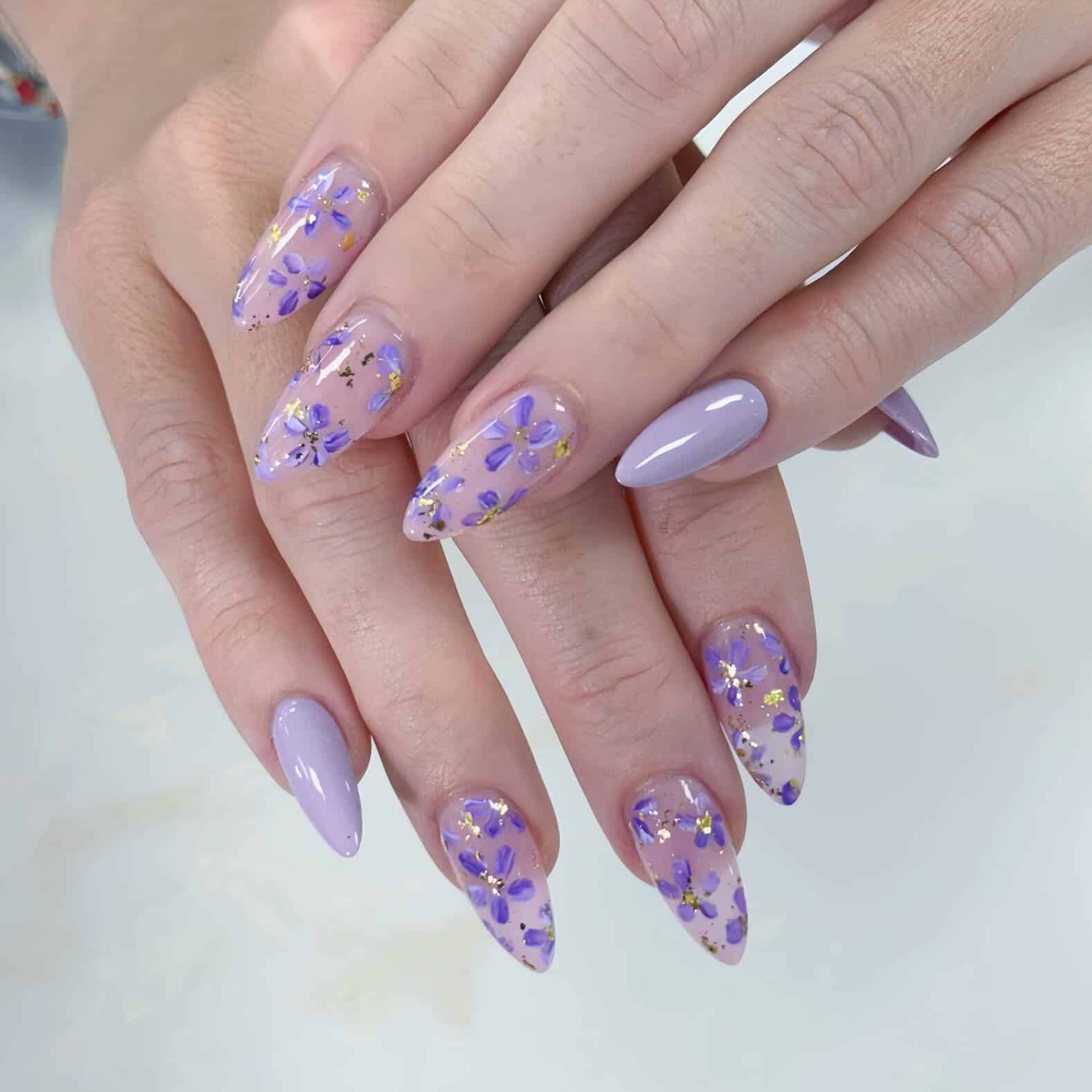 6. Pressed Purple Flower Almond Nails - purple flower nail ideas