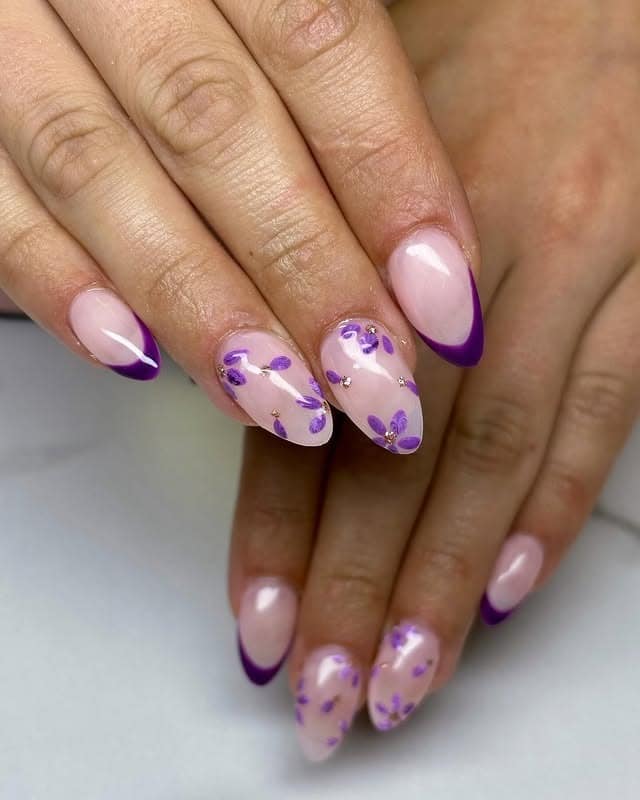 7. Lavender Bloom Short Nails - purple flower nail ideas
