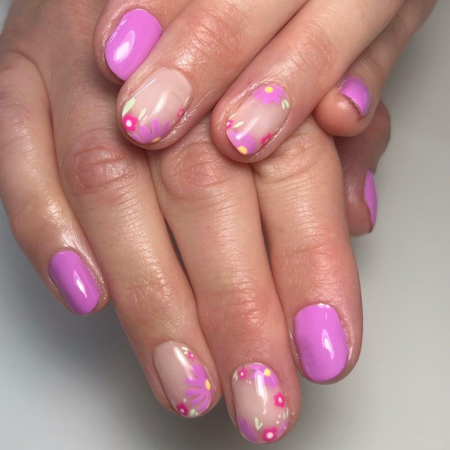 9. Pink-Purple Floral Ribbon Nails - purple flower nail ideas
