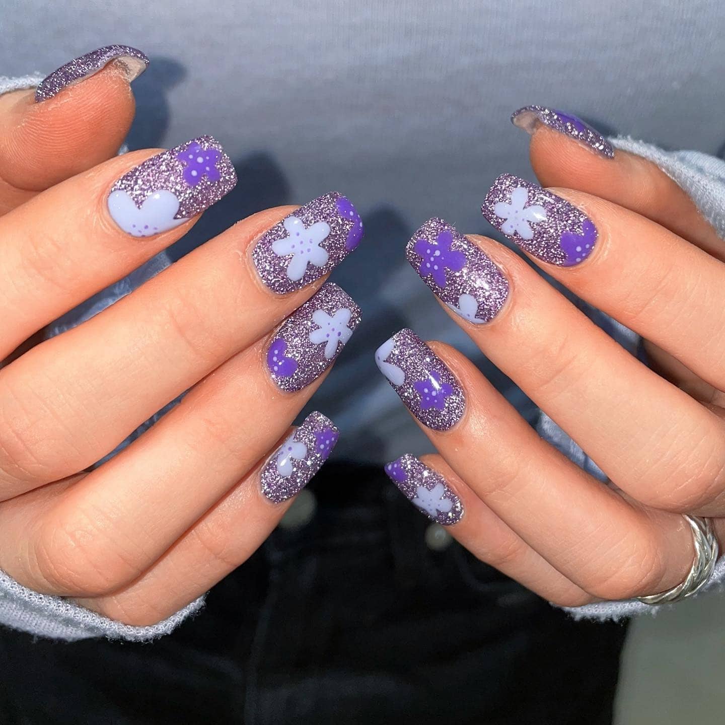 10. Pastel Garden Purple Nails - purple flower nail ideas