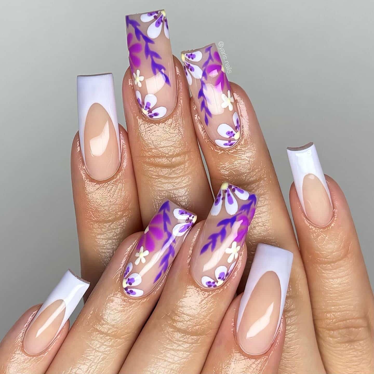 11. Lavender Floral French Square Nails - purple flower nail ideas