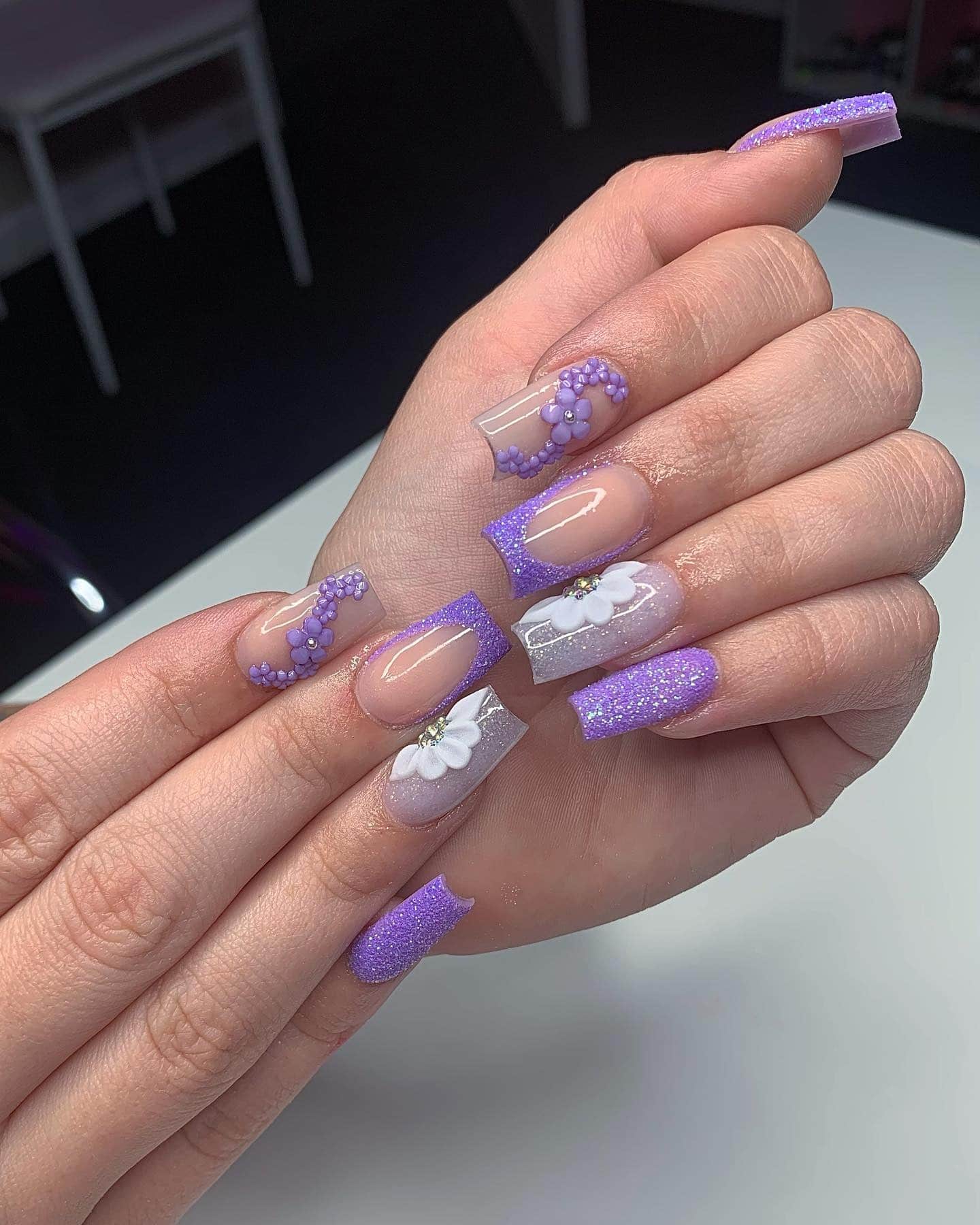13. Glitter Lavender Floral Square Nails - purple flower nail ideas